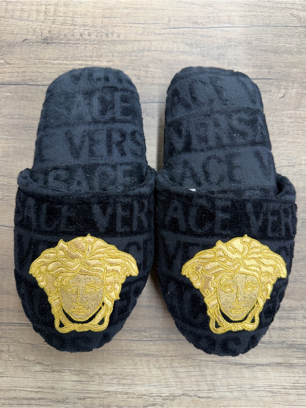 Versace Black Slide Slippers‎ with Gold Medusa Appliqué size medium authentic